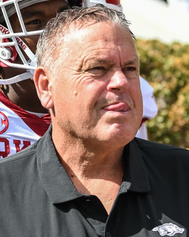 Razorbacks coach Sam Pittman on the sidelines against Alabama